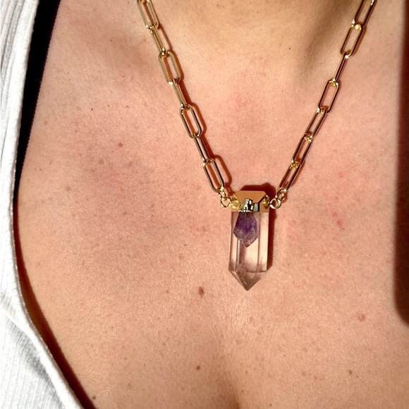 SALE 24k Gold Filled Quartz Point with Amethyst Necklace 19 inches - Picture 6 of 7